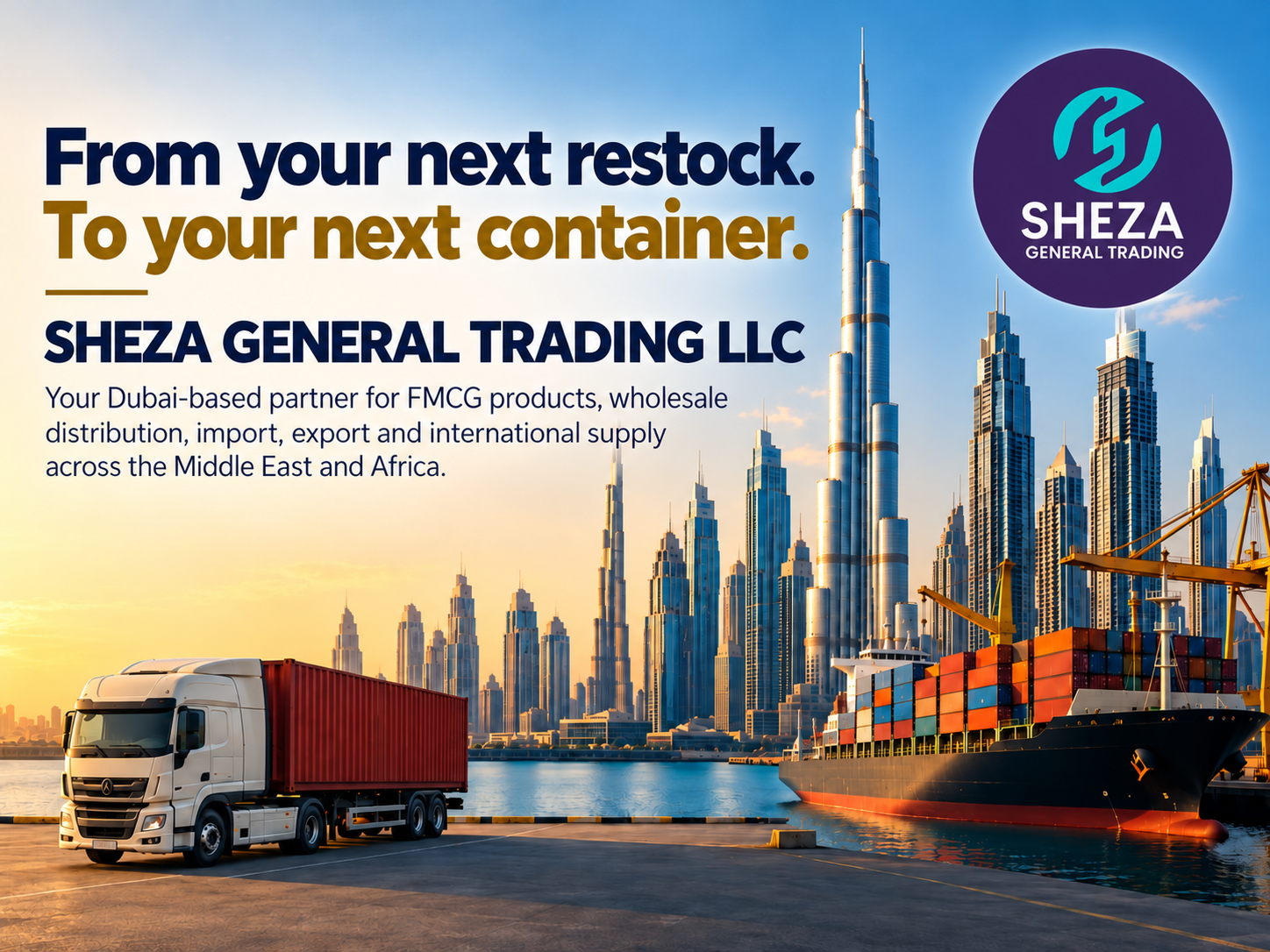 Sheza General Trading — From your next restock to your next container, with Dubai skyline, truck and cargo ship